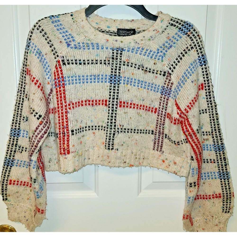 TopShop Plaid Stripes Speckled Cropped Sweater Balloon Sleeves Size 4